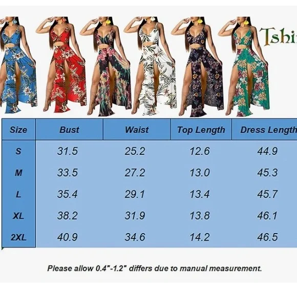 2Pcs Summer Beachwear Blue Set Crop Top + Leaf Floral Print Maxi Split Skirt LG - Picture 3 of 6